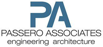 The logo for passero associates engineering architecture is blue and black.