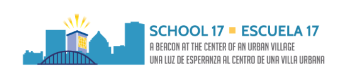 A blue and white logo for school 17 escuela 17