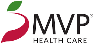 A logo for mvp health care with a red apple and green leaf.