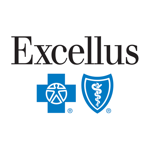 The logo for excellus is a blue cross and shield with a caduceus on it.