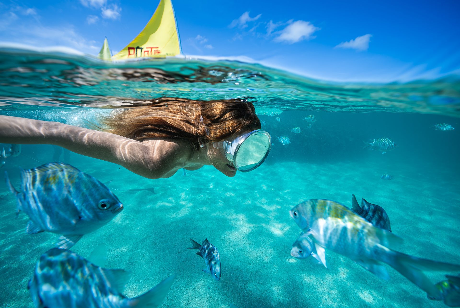 Mulher fazendo mergulho nas piscinas naturais de Porto de Galinhas cercada por peixes