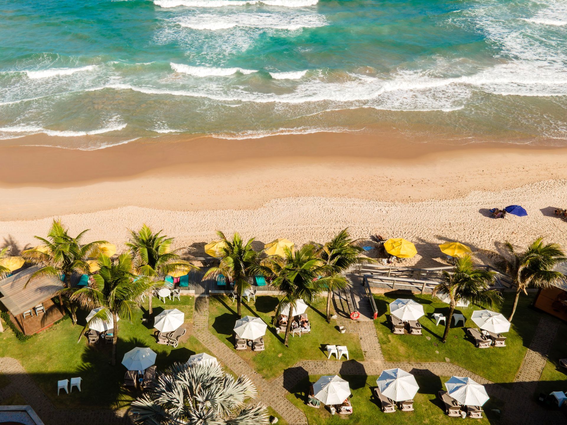 Vista aérea da praia em frente ao hotel, com jardins, coqueiros e o mar ao fundo.