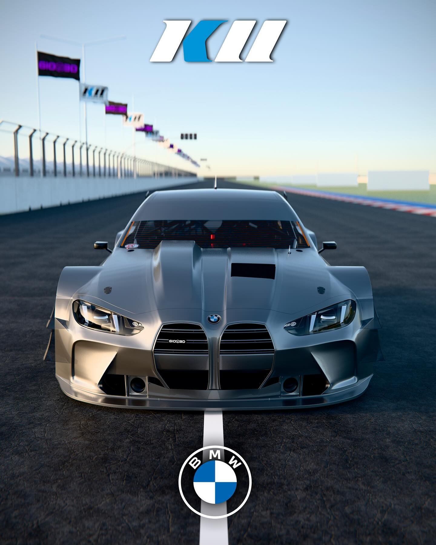 Coche de carreras BMW gris en una pista, logotipo de BMW en la parte inferior, logotipo