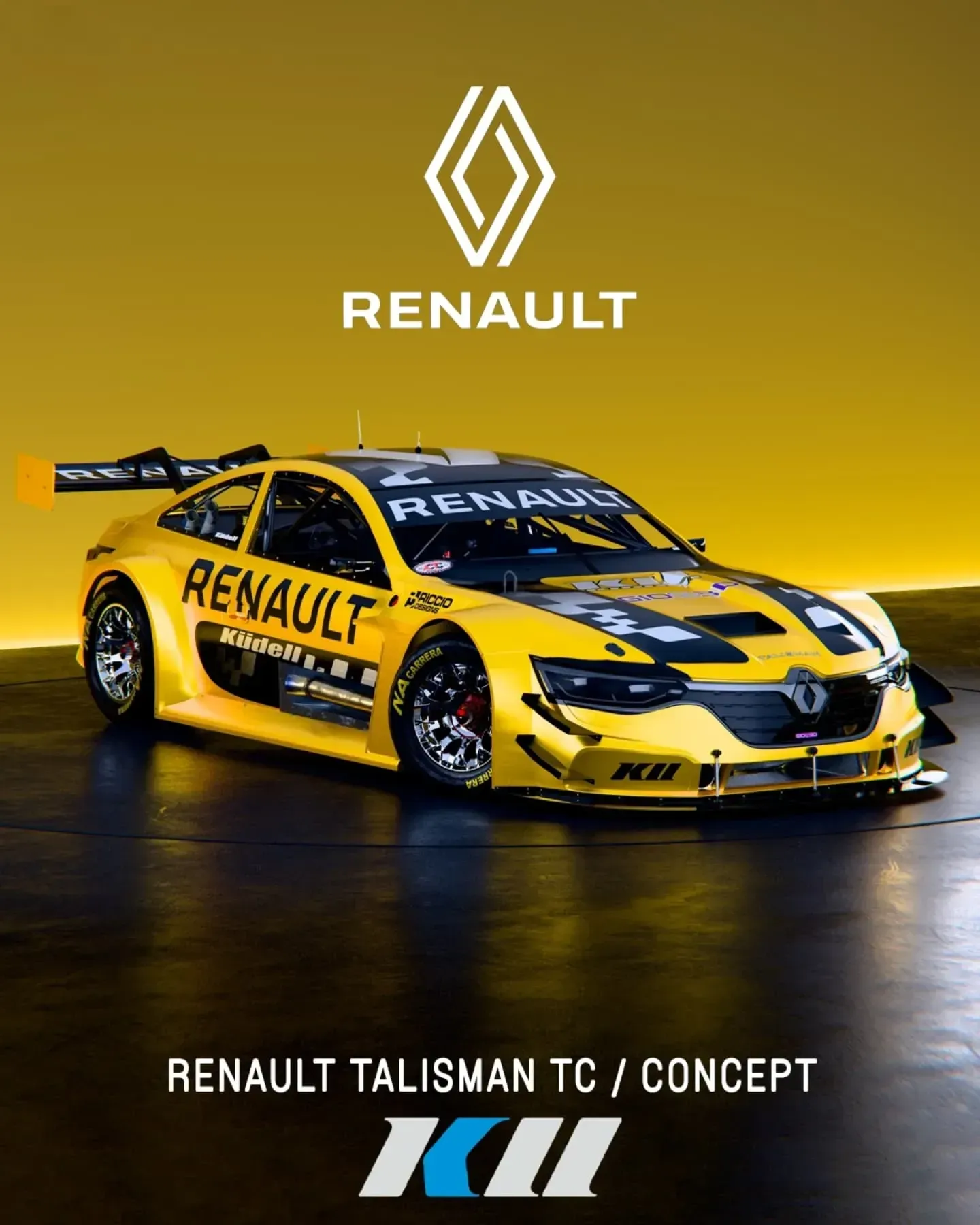 Coche de carreras Renault Talisman TC amarillo, con detalles en negro y el logotipo de Renault