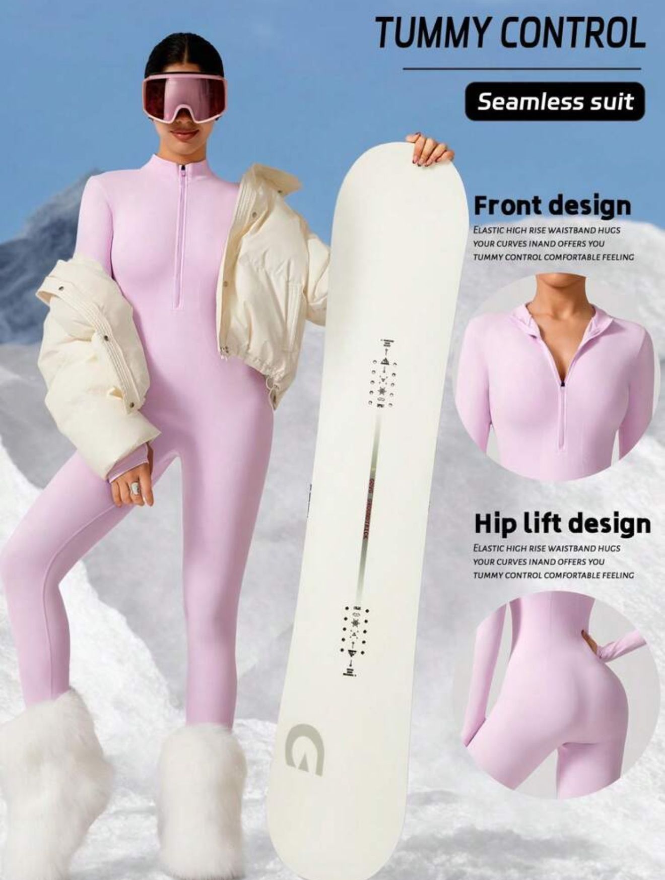 Una mujer con un traje rosa sostiene una tabla de snowboard blanca.