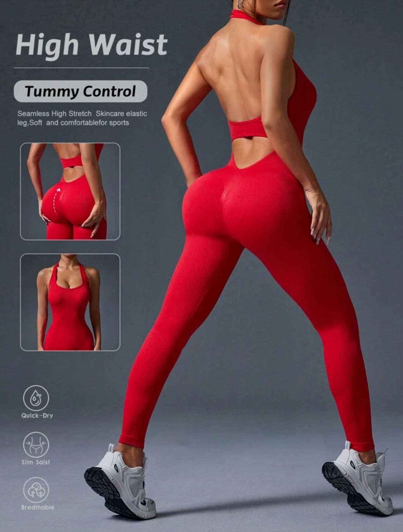 Mujer con mono rojo y zapatillas blancas, posando con la mano en la cadera, fondo gris.