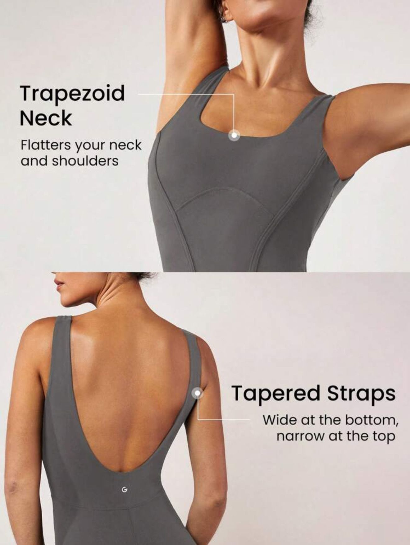 Mujer con mono gris con control mágico de abdomen.