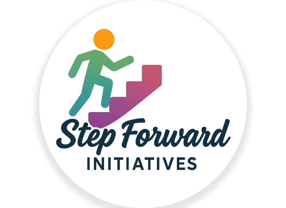 A person ascending a colorful staircase, above the words "Step Forward Initiatives."