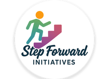 A person ascending a colorful staircase, above the words "Step Forward Initiatives."