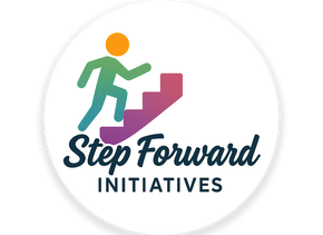 A person ascending a colorful staircase, above the words "Step Forward Initiatives."
