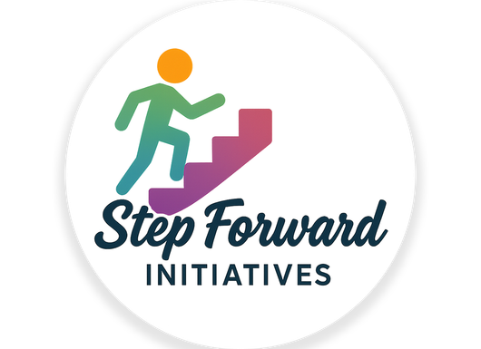 A person ascending a colorful staircase, above the words "Step Forward Initiatives."