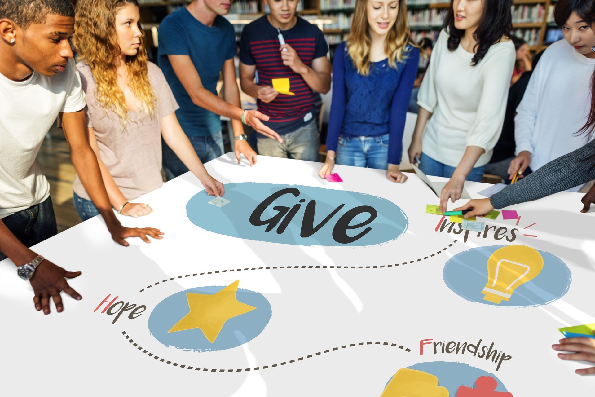 Group of people collaborating around a table with the word 