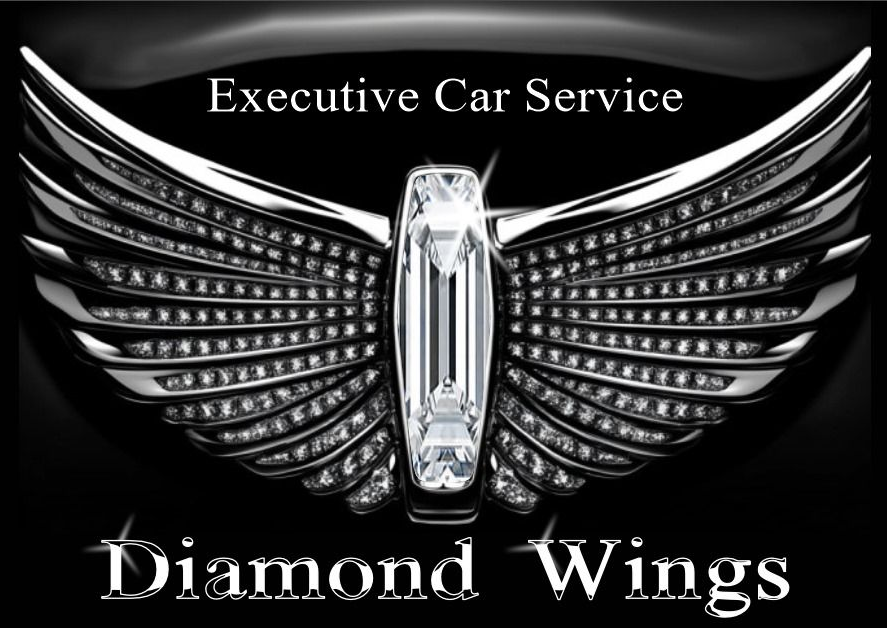 Diamond Wings Executive Car Service logo with diamond-encrusted wings and a car emblem.