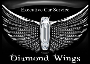 Diamond Wings Executive Car Service logo with diamond-encrusted wings and a car emblem.