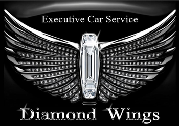 Diamond Wings Executive Car Service logo with diamond-encrusted wings and a car emblem.