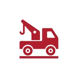 A solid red icon of a tow truck with a boom and hook on a flat surface.