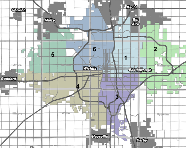 Map of Wichita, Kansas, displaying the boundaries of each City Council district.