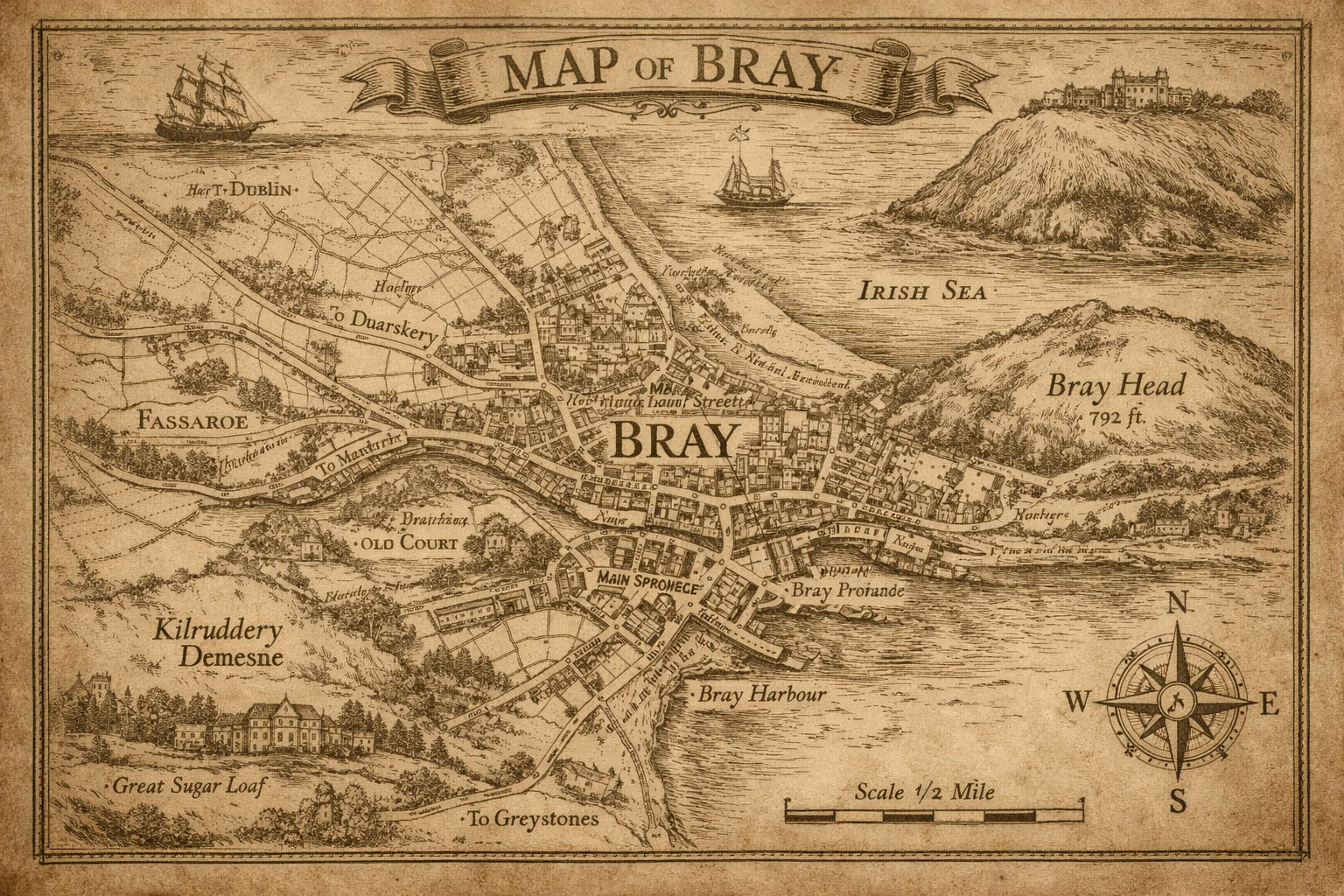 An antique-style, sepia-toned map of the town of Bray, featuring a coastline, town streets.