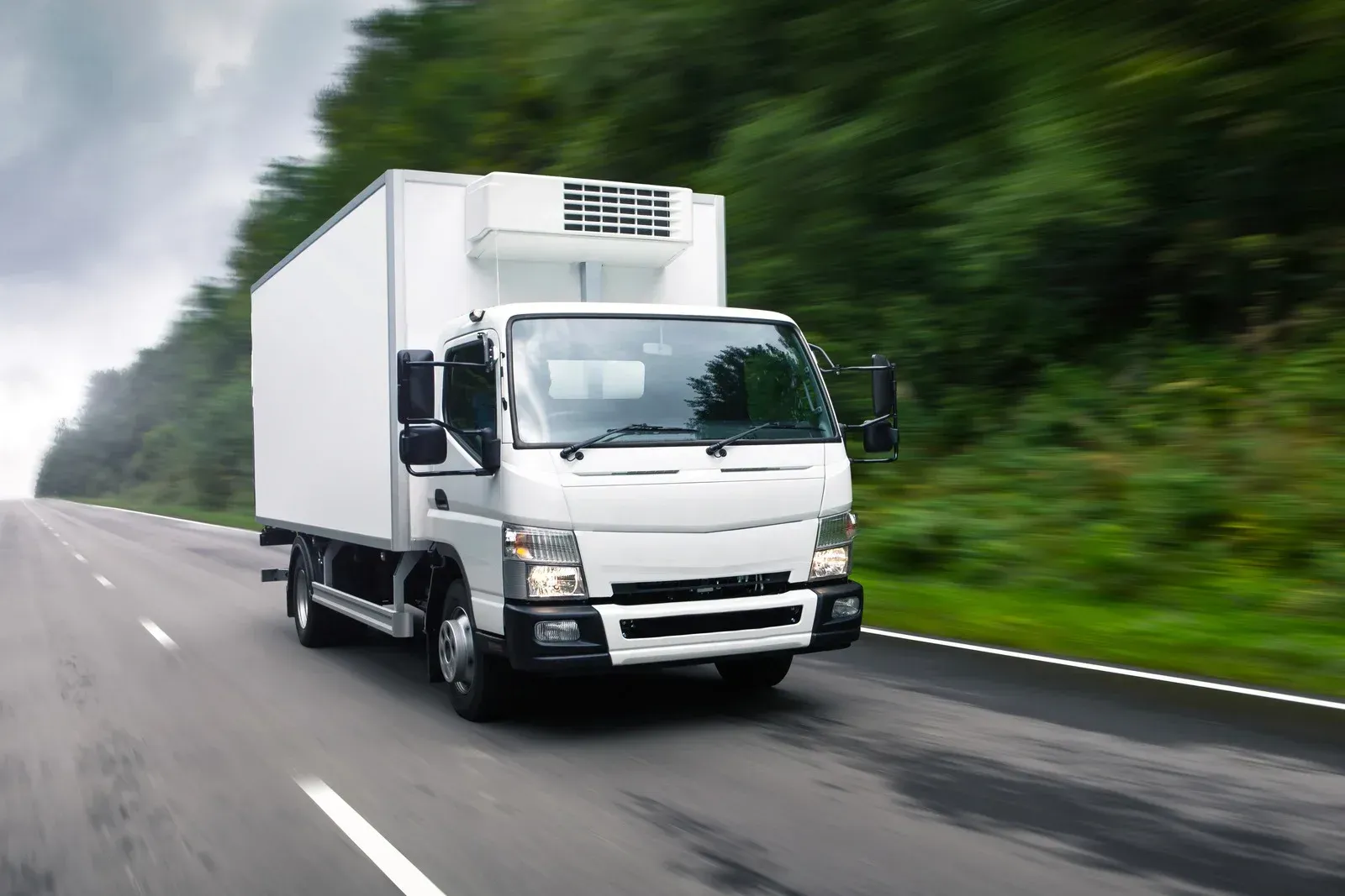 White refrigerated delivery truck driving on a wet road, blurred green trees in background.