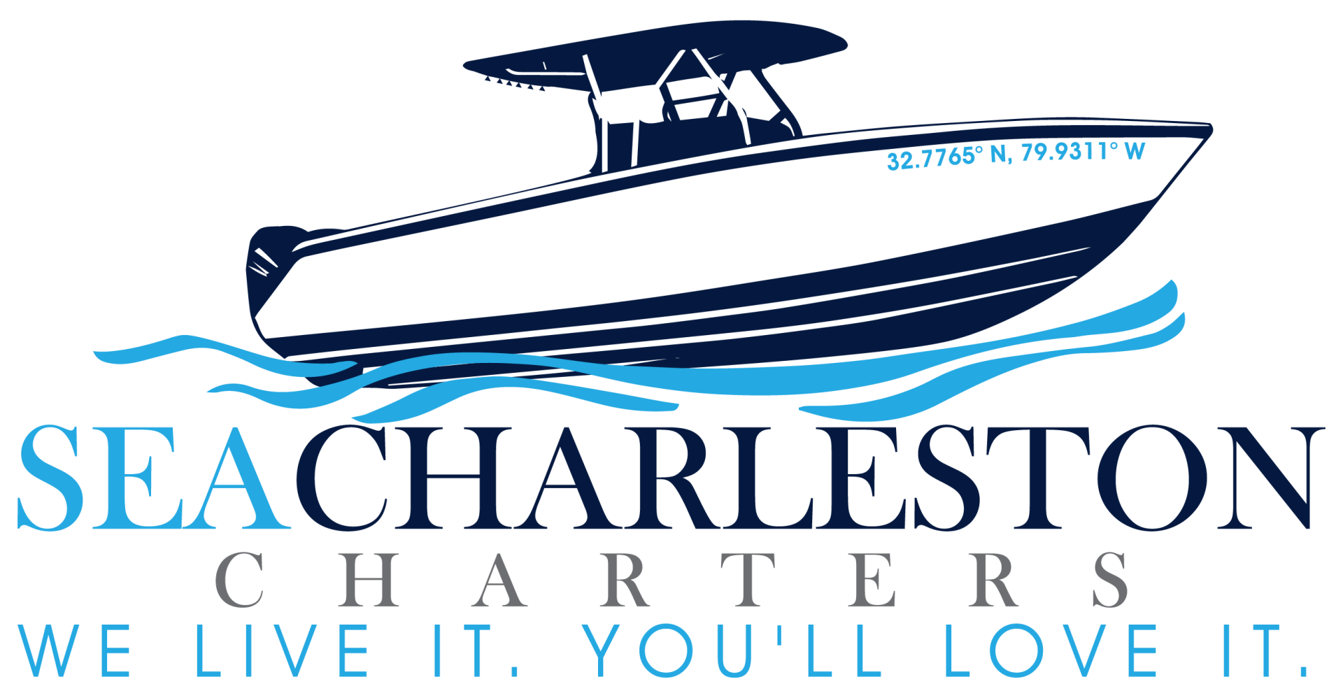 The logo for sea charleston charters shows a boat in the water