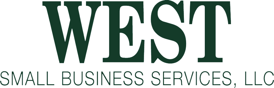 The logo for west small business services llc is green and white.