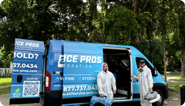 Two men are standing in front of a blue ace pros van