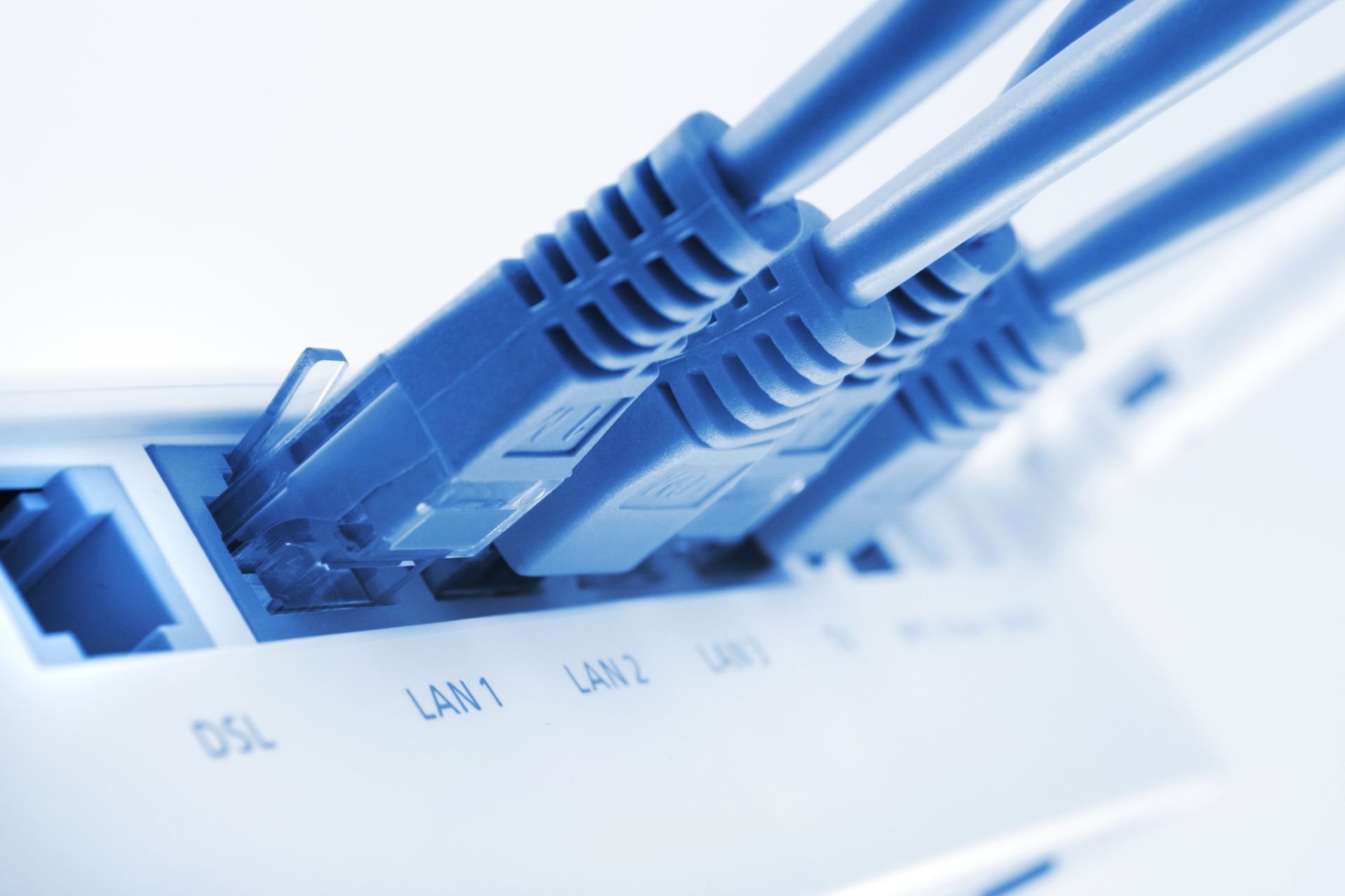 Cavi Ethernet blu collegati alle porte di un router o di uno switch di rete.