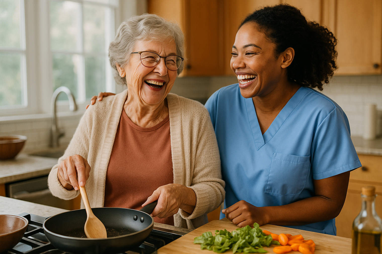 Elderly woman cooking with her caregiver in a kitchen, both laughing together.