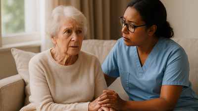 Home caregiver supporting elderly African American woman in wheelchair, smiling together during in-home care visit.