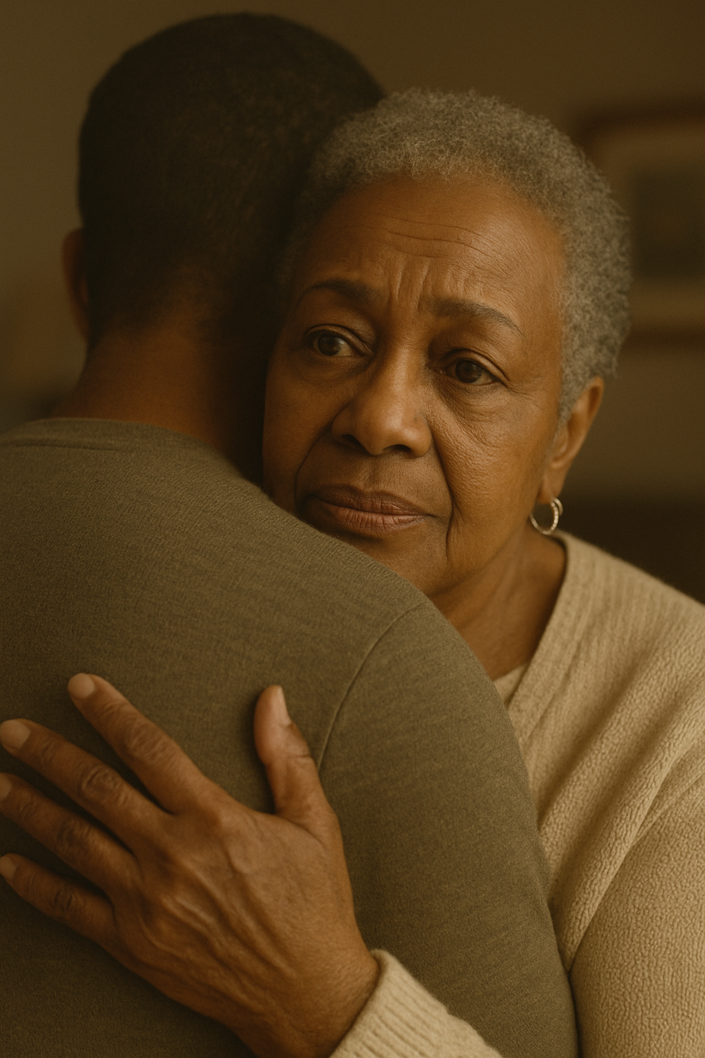 Older African American woman embracing her adult son with a concerned yet loving expression, symbolizing dignity, aging in place, and emotional caregiving moments.
