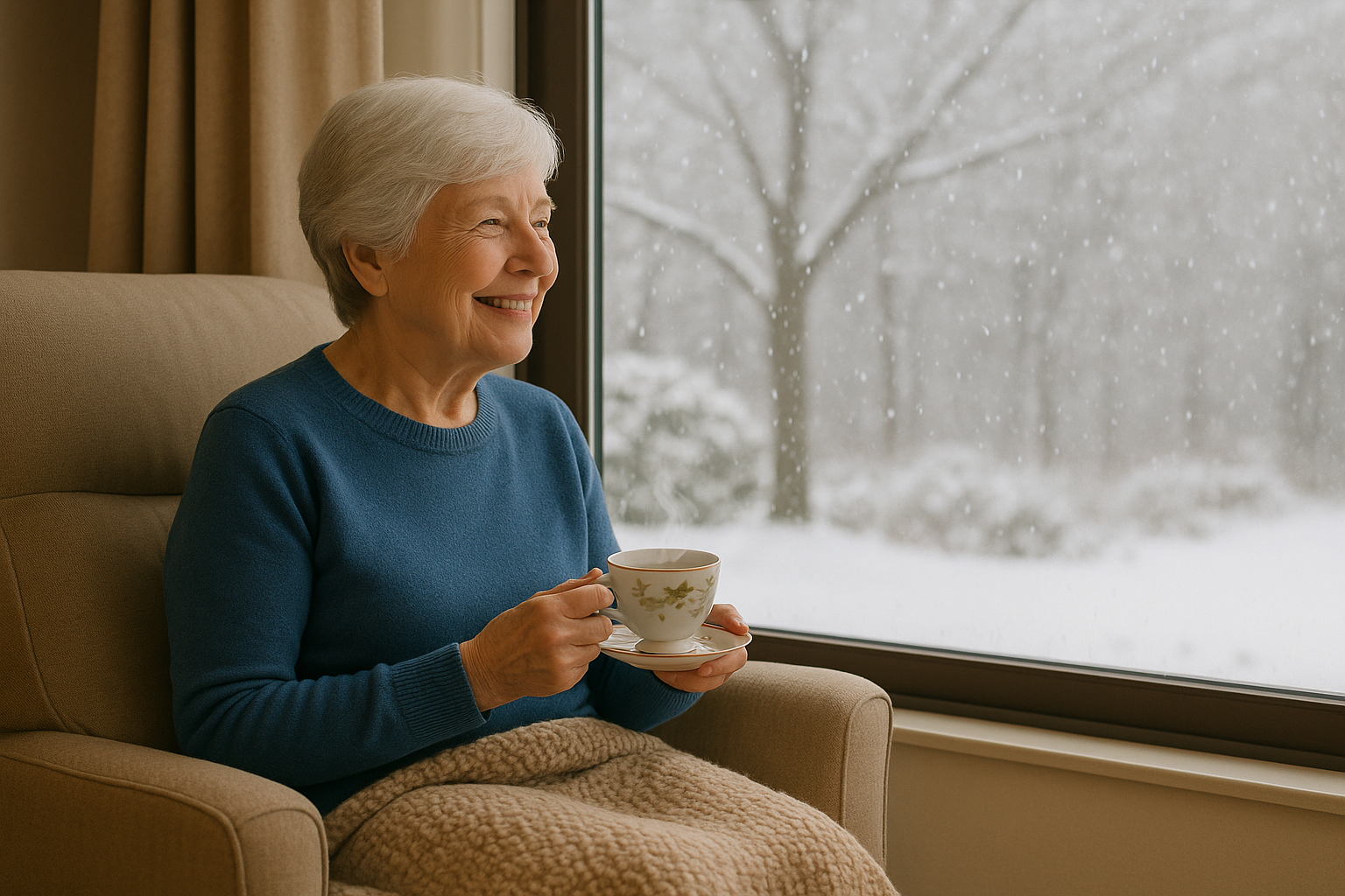 An elderly woman with white hair sits in a cozy armchair by a large window, a warm blanket on her lap and a steaming teacup in her hands. She smiles peacefully while watching snow fall outside, calm and confident about winter preparations