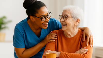 Caregiver and elderly woman preparing vegetables in kitchen.