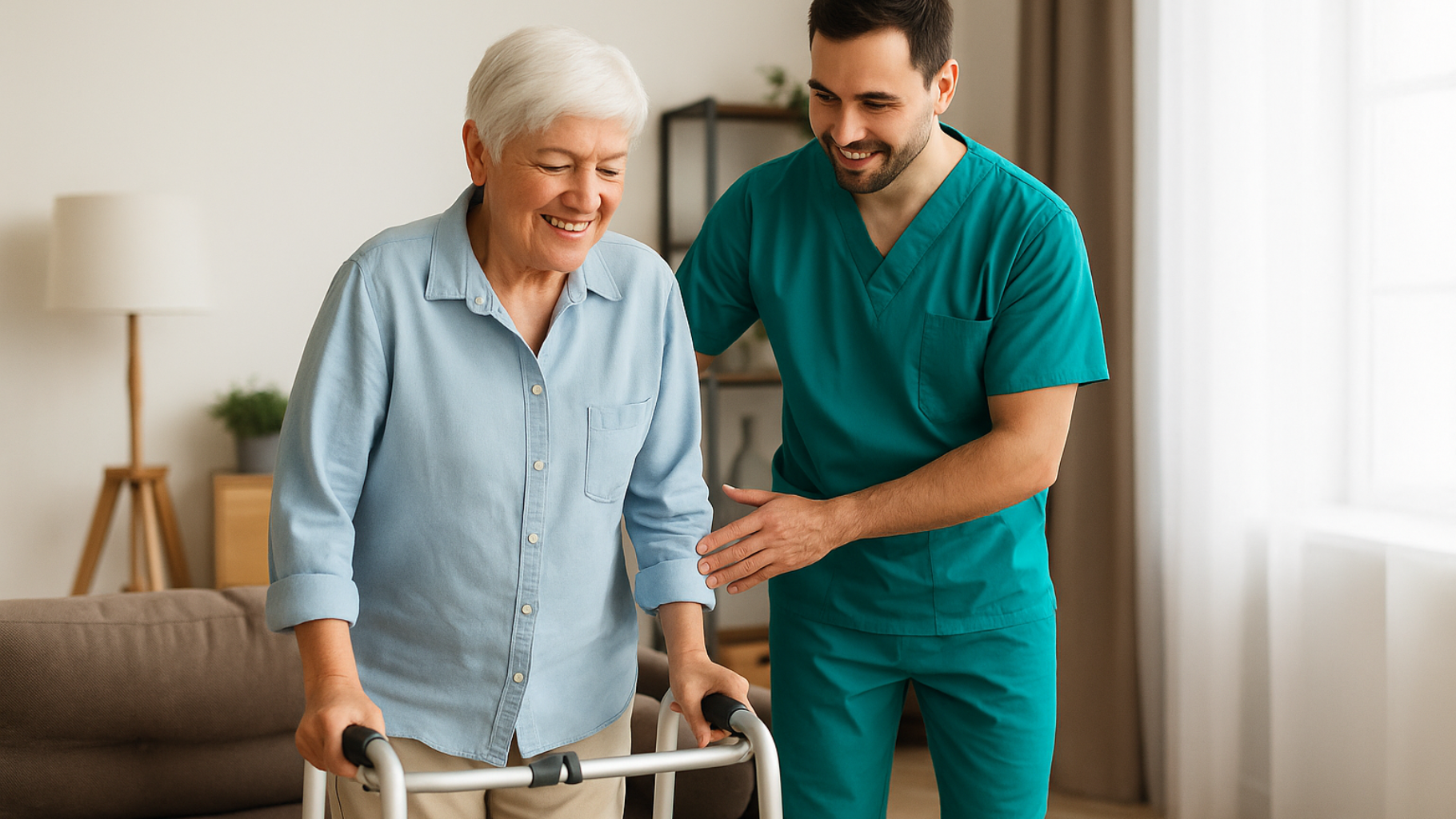 Smiling home caregiver in scrubs supporting elderly white man in fleece jacket during non-medical in-home care visit.