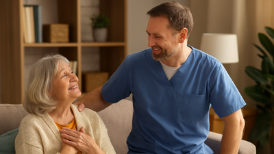 Caregiver playing chess with elderly man during visit.