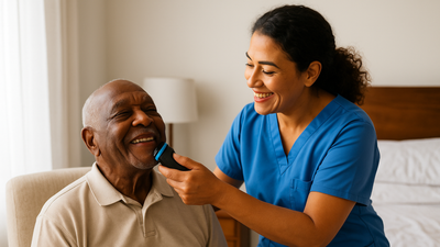 Home caregiver supporting elderly African American woman in wheelchair, smiling together during in-home care visit.