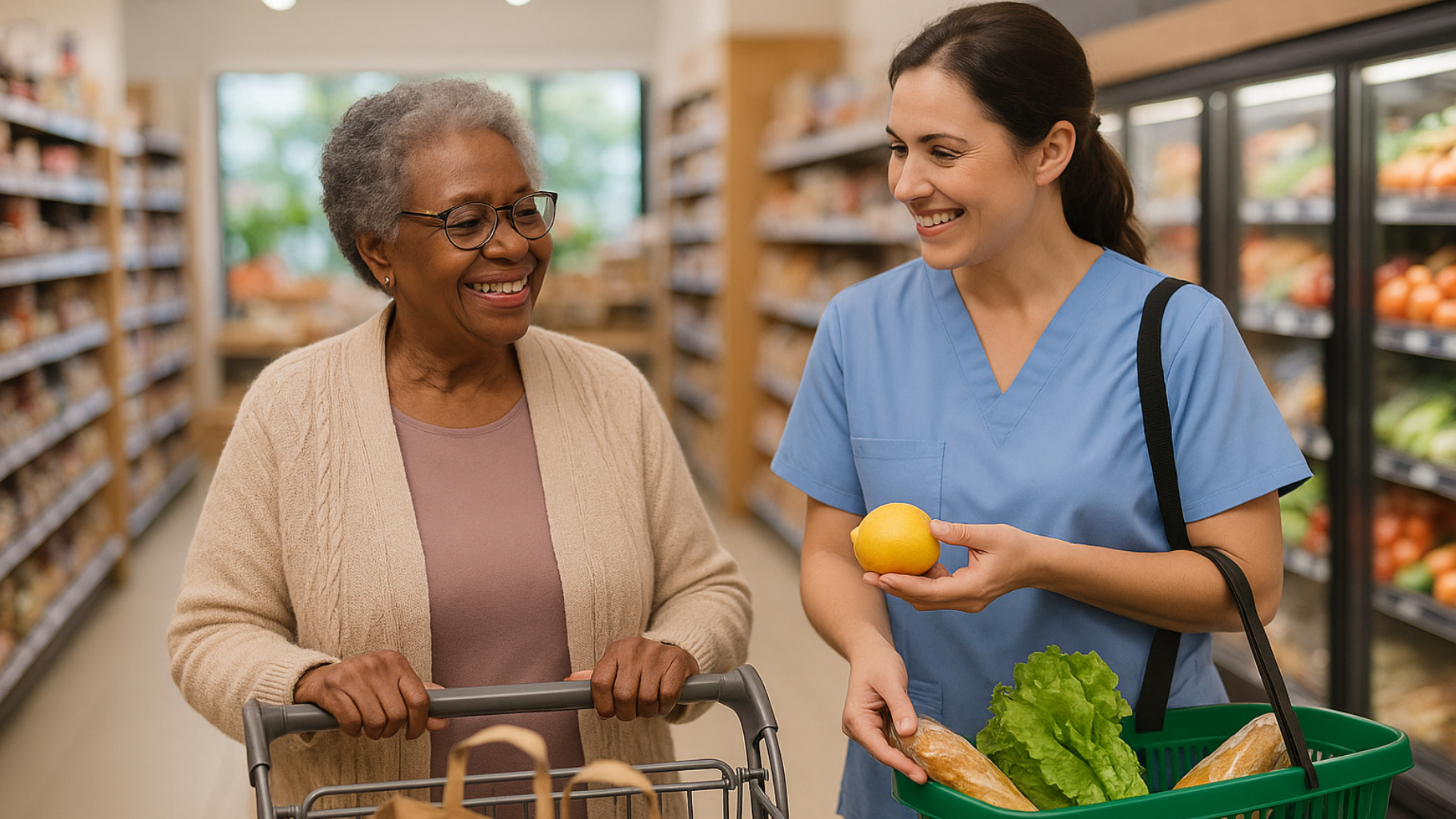 Home caregiver helping elderly woman use tablet during technology-assisted companion care visit at kitchen table.