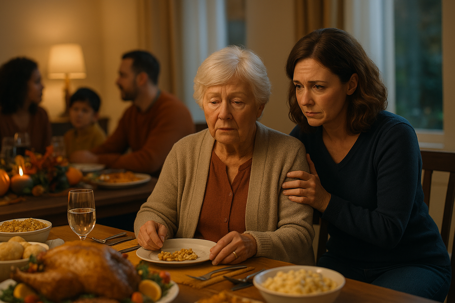 Elderly woman at Thanksgiving table looking uncertain as her daughter places a hand on her shoulder