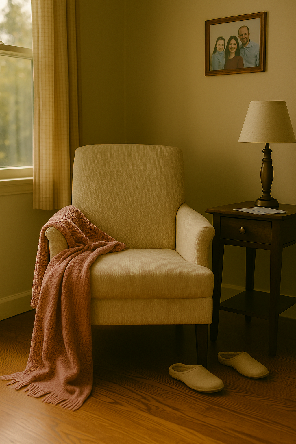 A quiet corner of a senior woman’s living room shows a well-worn chair with a blanket draped across the arm and onto the floor. A framed family photo hangs on the wall above. Slippers rest just out of reach beneath the chair, and a small stack of unopened mail sits on the side table. The room feels still and slightly unkempt, hinting at isolation and fatigue.