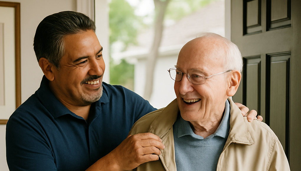 Male caregiver helping elderly man with jacket while both laugh together, showing joyful relationship in professional home care