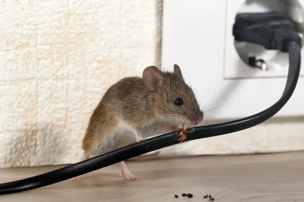Mouse Chewing on a Black Electrical Cord Near a Wall Outlet — Dominion Pest Control in Kingaroy, QLD