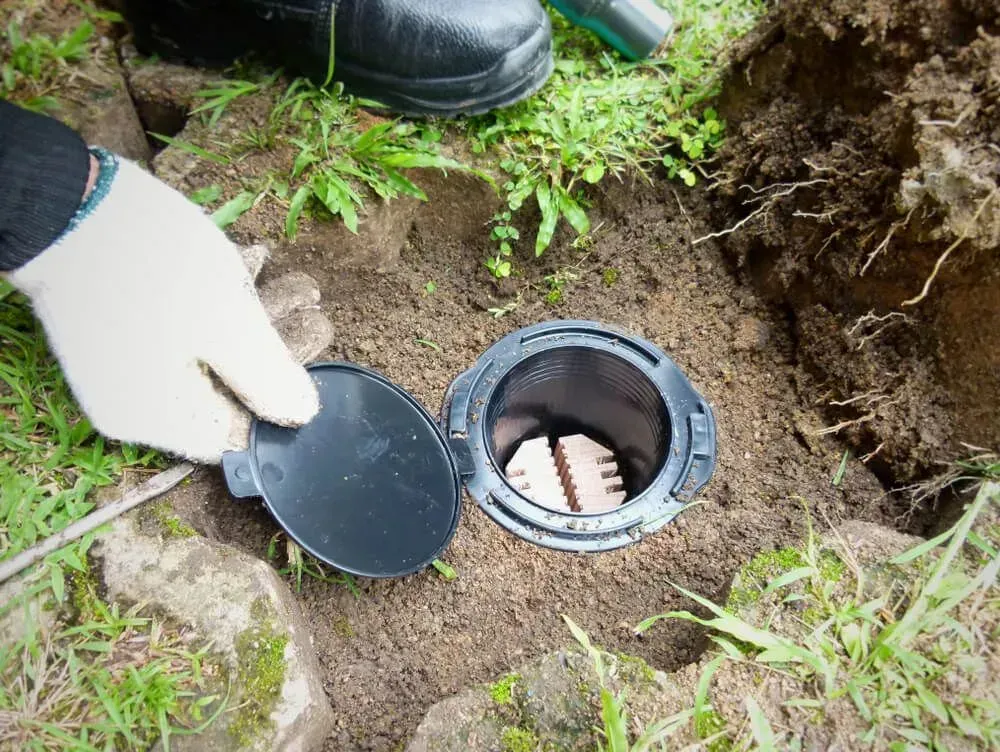 Person Opening a Black, Circular Access Port Set in Soil — Dominion Pest Control in Wondai, QLD