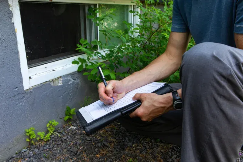 Person kneeling, writing on clipboard next to a basement window; gray foundation, gravel, and plants.