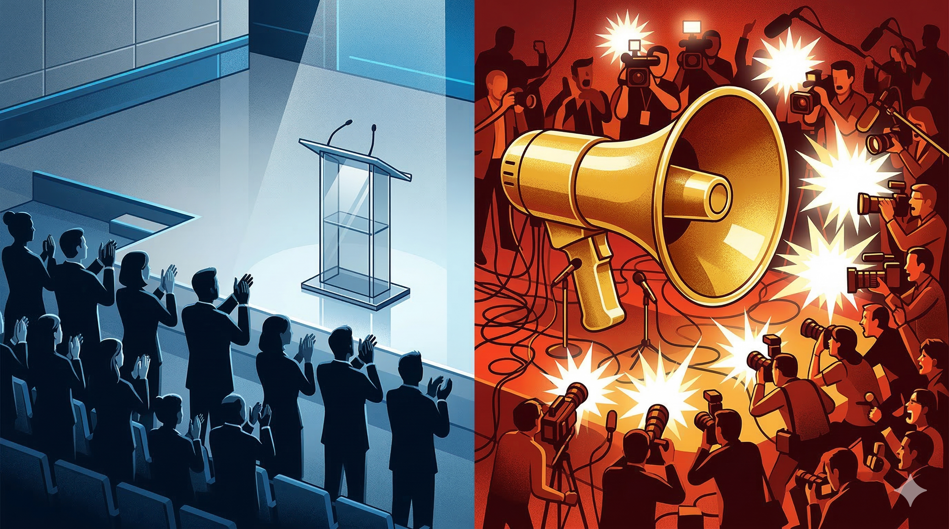 A split image showing a podium in a quiet auditorium on the left and a megaphone surrounded by flashing cameras on the right.