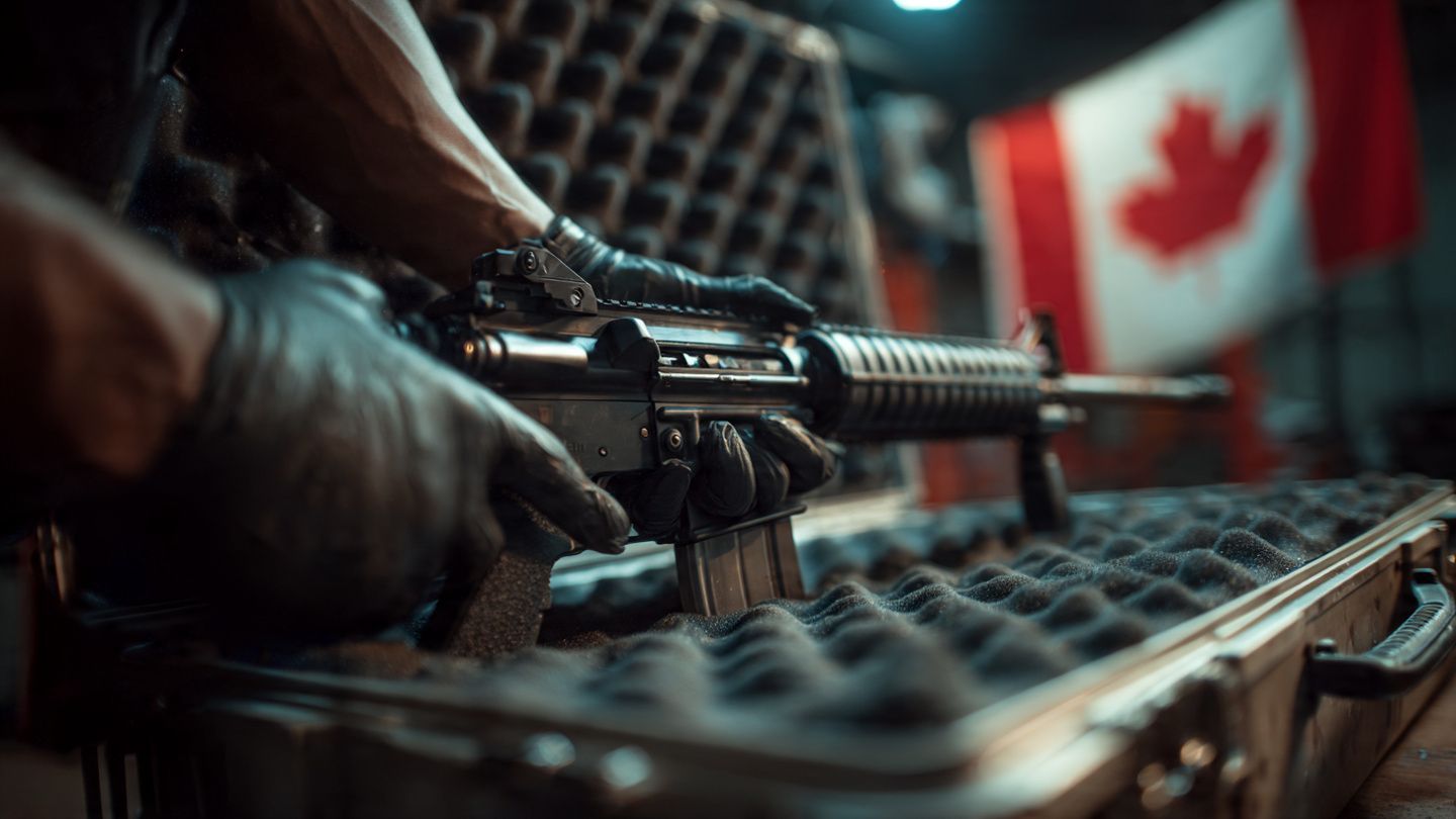 Gloved hands hold an assault rifle over a foam-lined case, with a Canadian flag visible in the background.