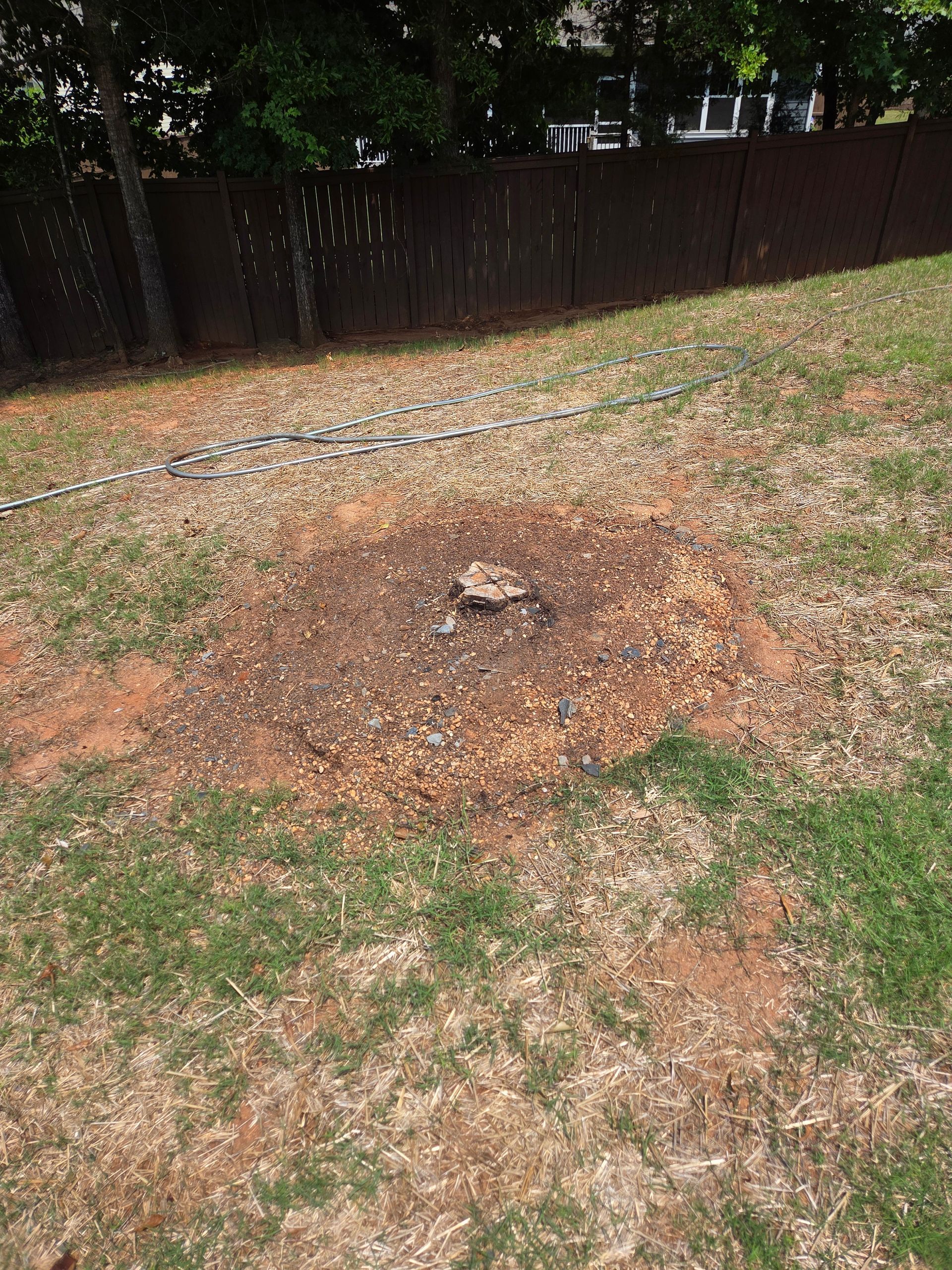 A stump in the middle of a lawn next to a fence.