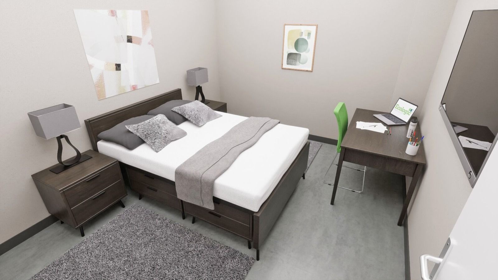 Bedroom with a bed, desk with laptop, art on walls, and gray rug.