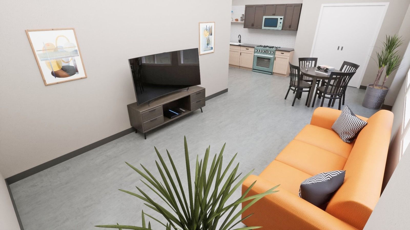 Bright living space with an orange sofa, TV, and open kitchen.