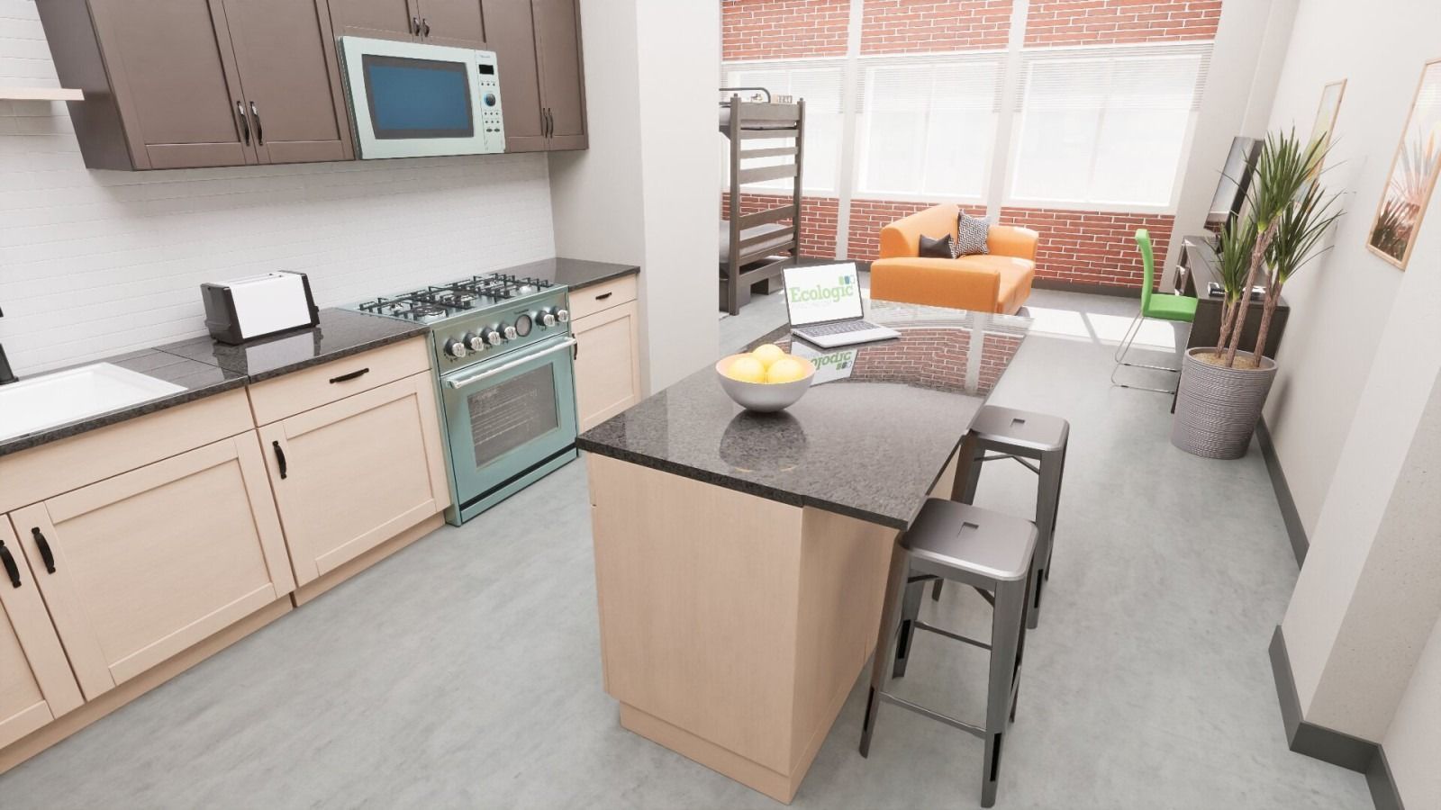 Kitchen with island, stove, and cabinets. Living area with orange couch and windows visible in the background.