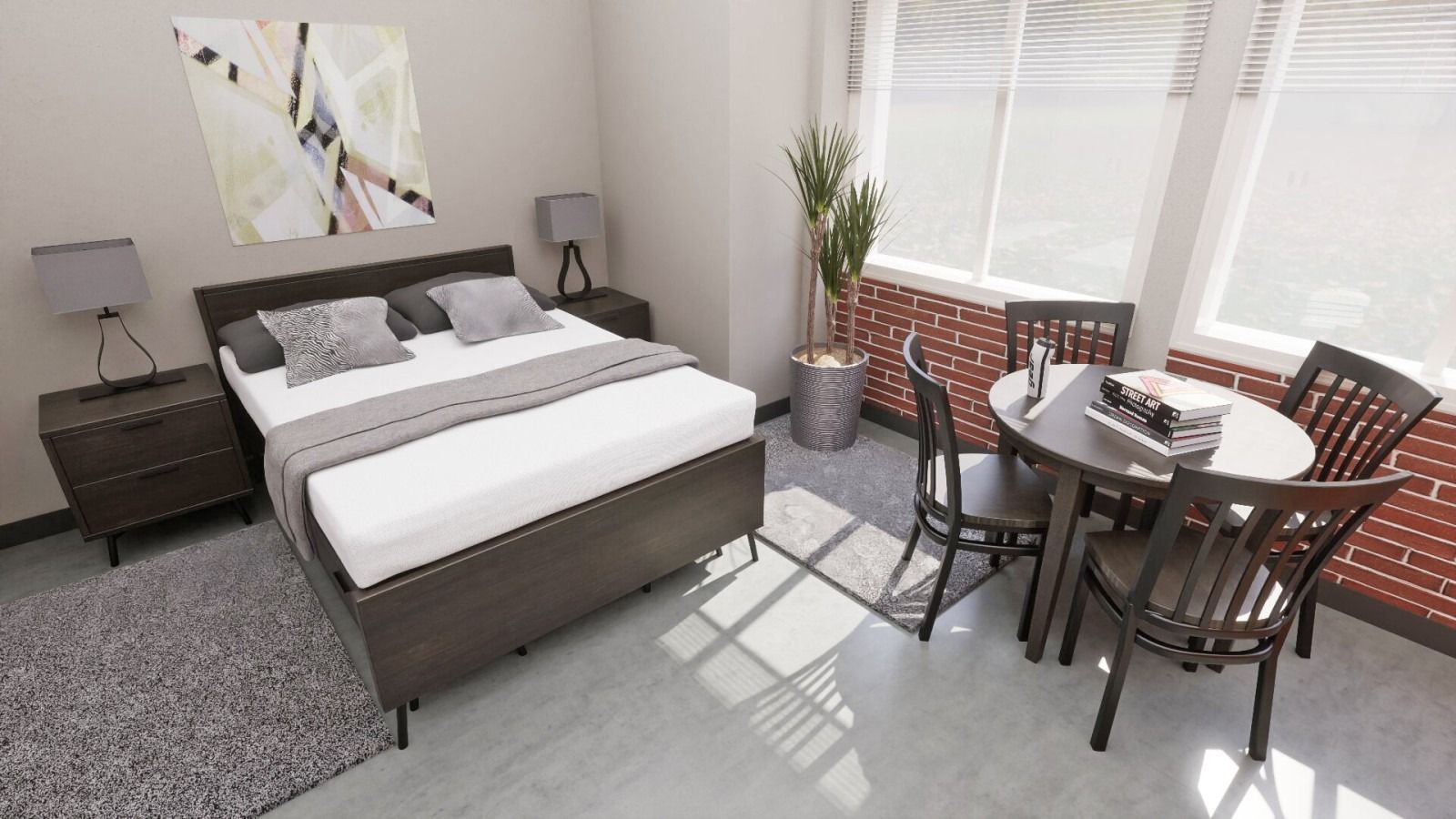 Bedroom with bed, nightstands, rug, dining table, chairs, and plant near a window.
