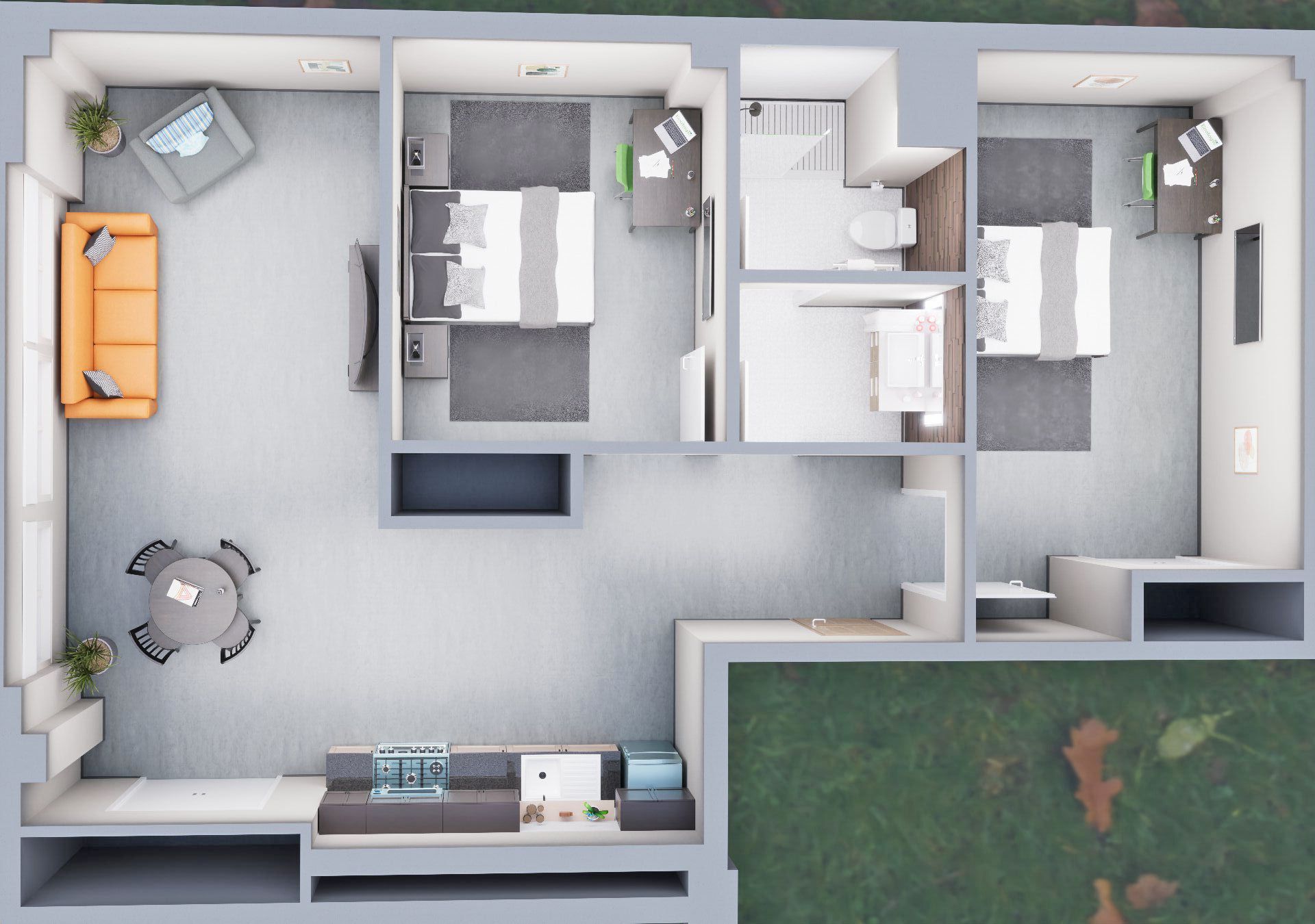 A bedroom with two beds , a chair , a desk and a window.